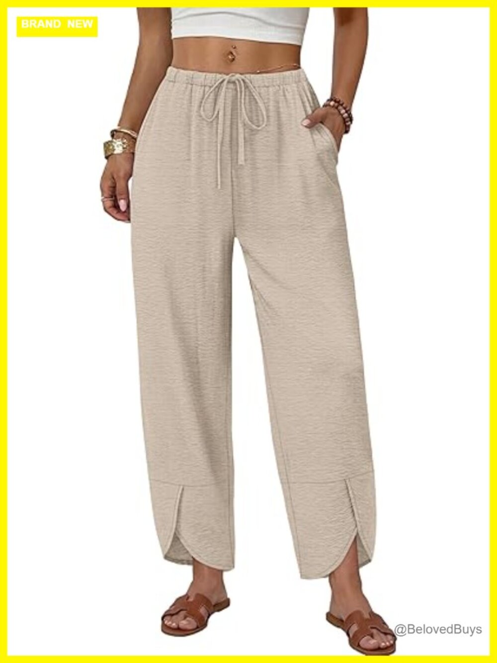 Wide Leg Palazzo Capri Pants with Pockets Drawstring Elastic Waist
